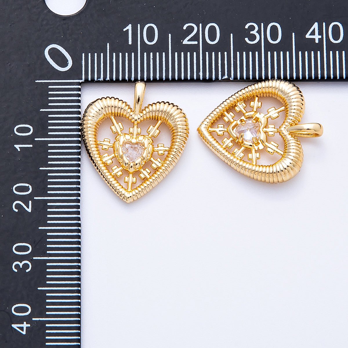 18K Gold Filled 20mm Clear CZ Pierced Sunburst Ribbed Heart Pendant | Charms - 00341 - DLUXCA