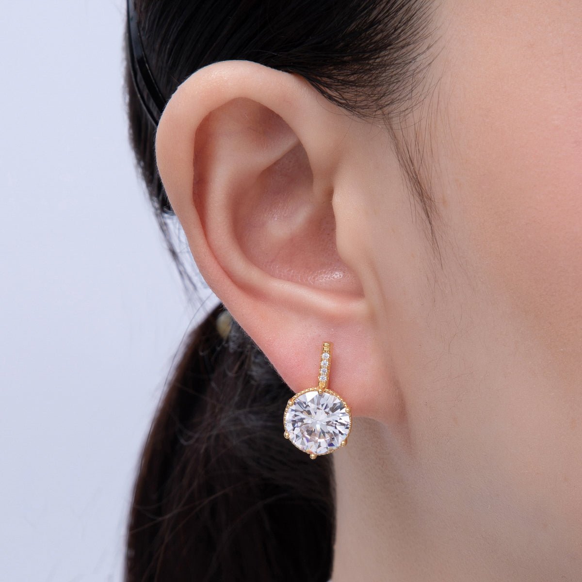 18K Gold Filled 20mm Clear CZ Round Micro Paved English Lock Earrings | Q354 - DLUXCA