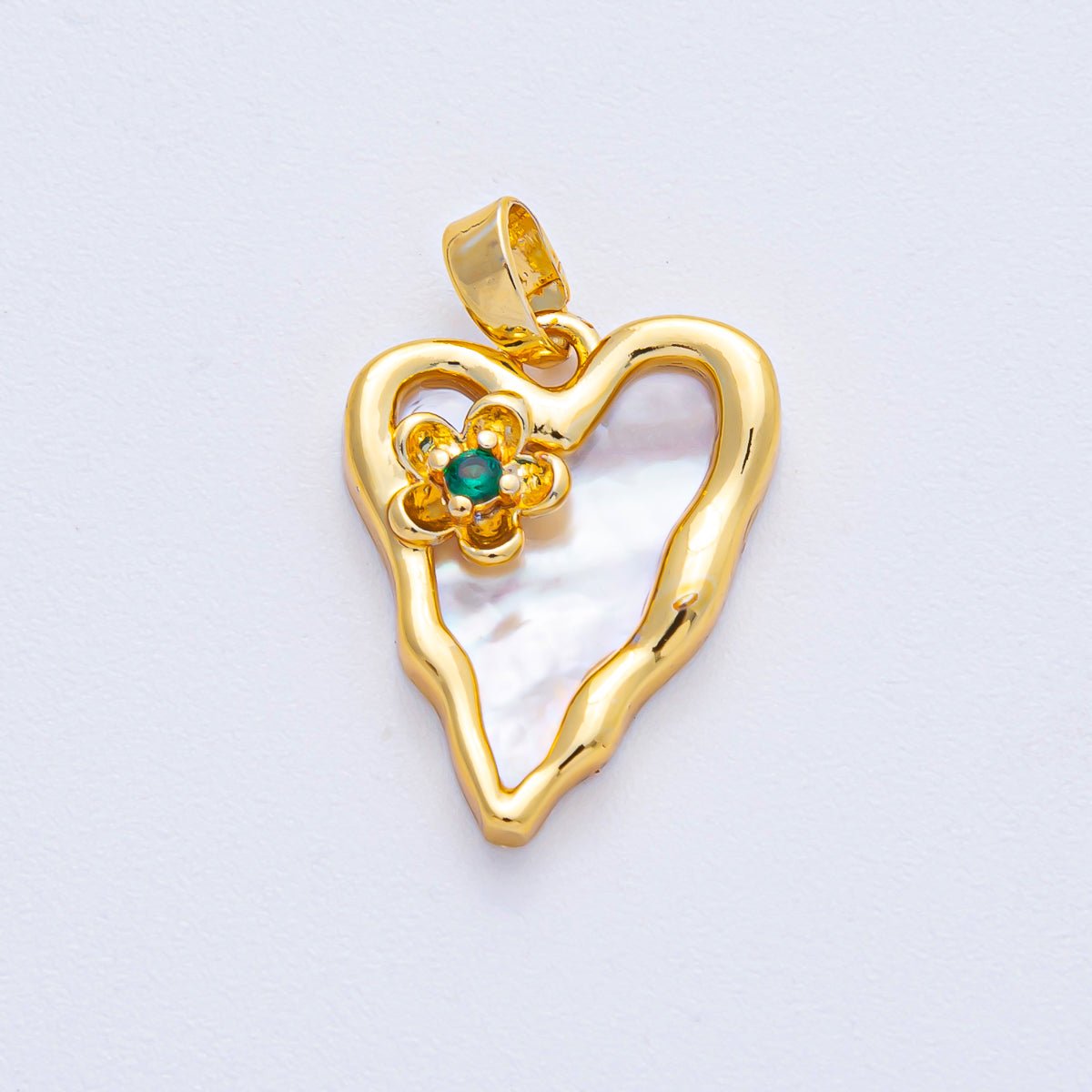 18K Gold Filled 20mm Green CZ Flower Shell Pearl Molten Heart Pendant in Gold & Silver | AF1204 - DLUXCA