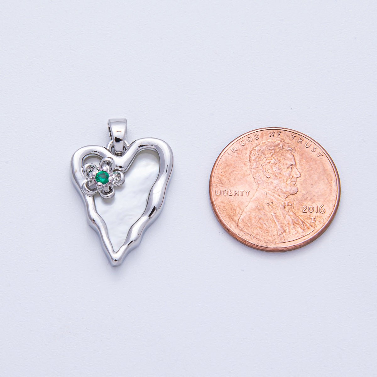 18K Gold Filled 20mm Green CZ Flower Shell Pearl Molten Heart Pendant in Gold & Silver | AF1204 - DLUXCA