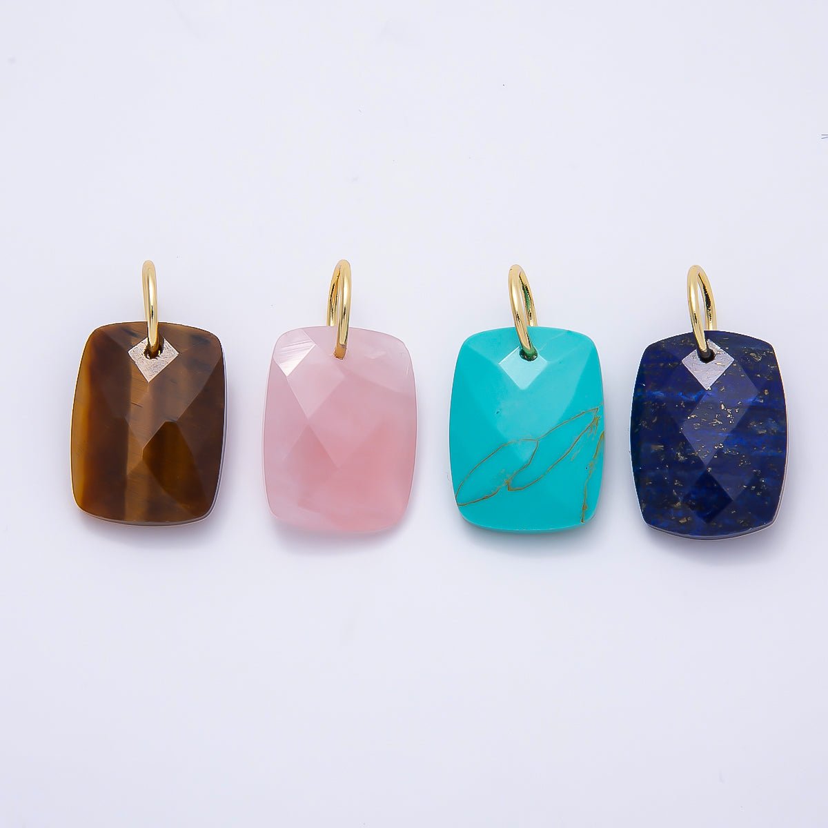 18K Gold Filled 20mm Lapis Lazuli, Turquoise, Rose Quartz, Tiger Eye Multifaceted Gemstone Rectangle Charm | Charms-01421 ~ Charms-01423 - DLUXCA