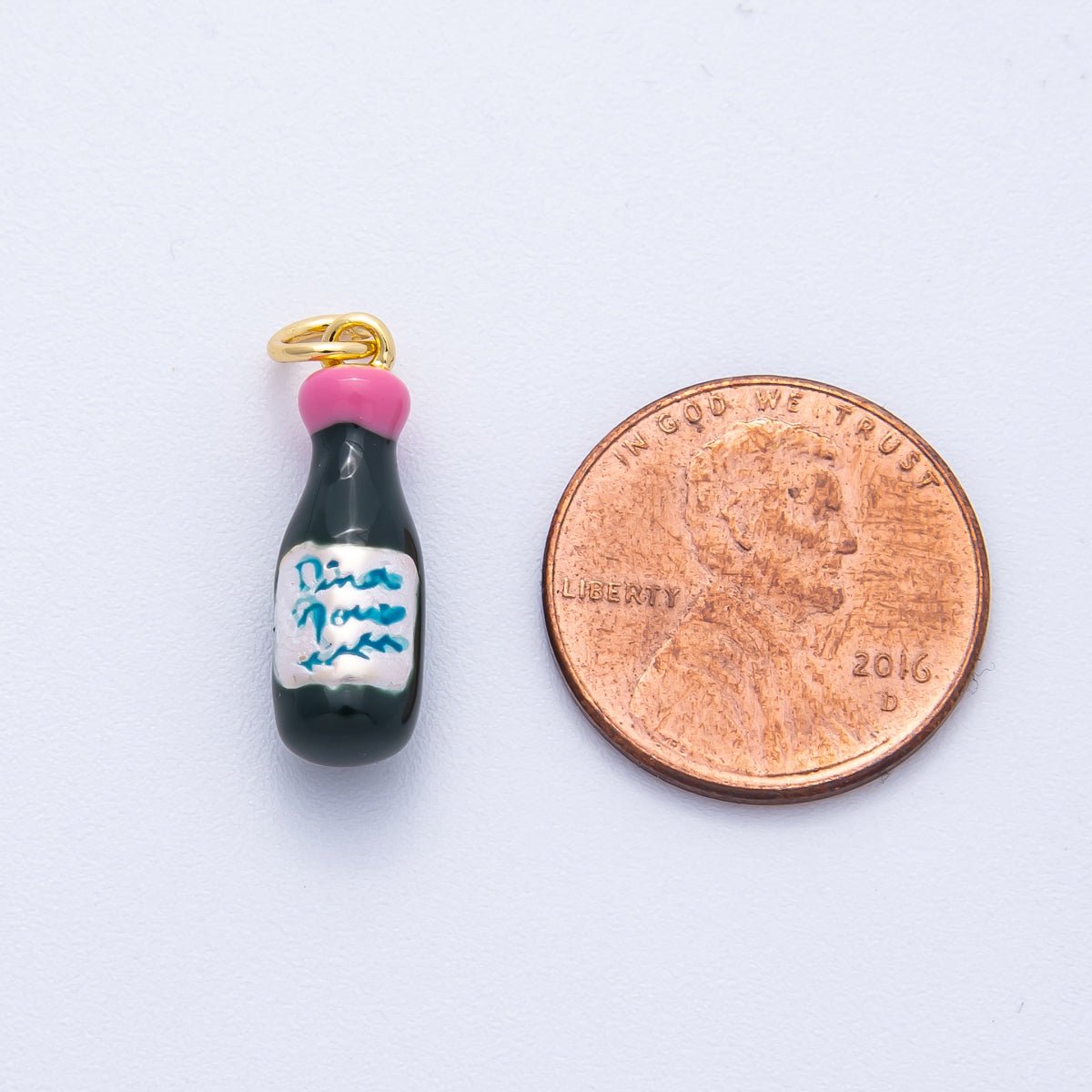 18K Gold Filled 20mm Pink & Green Enamel Champagne Bottle Charm | Charms - 00021 - DLUXCA