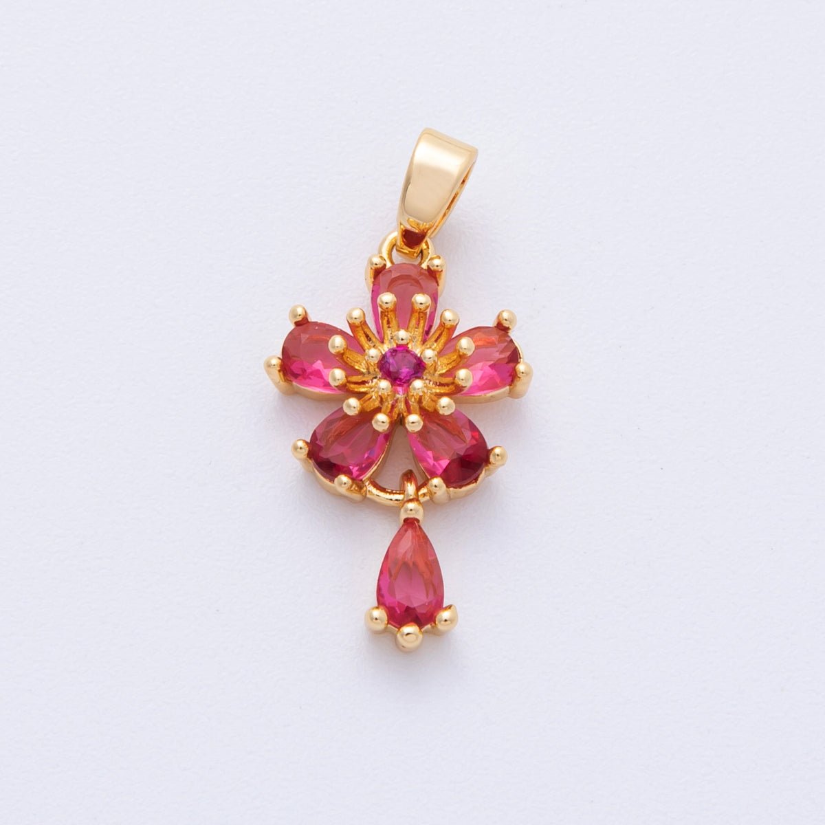 18K Gold Filled 20mm Red CZ Flower Drop Charms | Charms - 00109 - DLUXCA