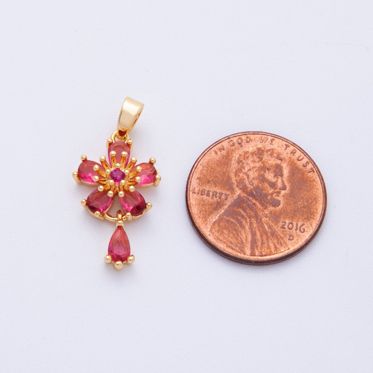 18K Gold Filled 20mm Red CZ Flower Drop Charms | Charms - 00109 - DLUXCA