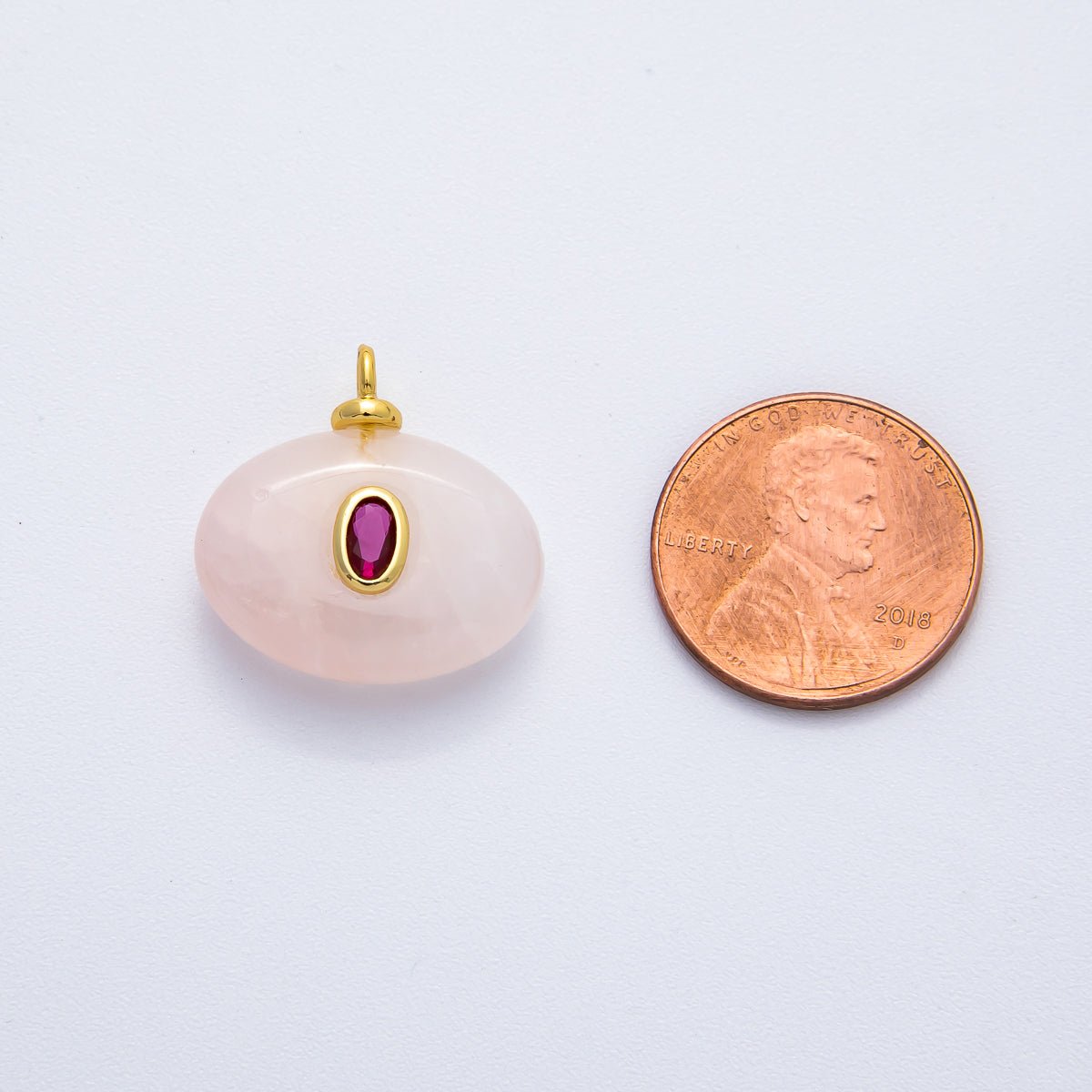 18K Gold Filled 20mm Red CZ Oval Accent Pink Quartz Gemstone Drop Charm | AF1321 - DLUXCA
