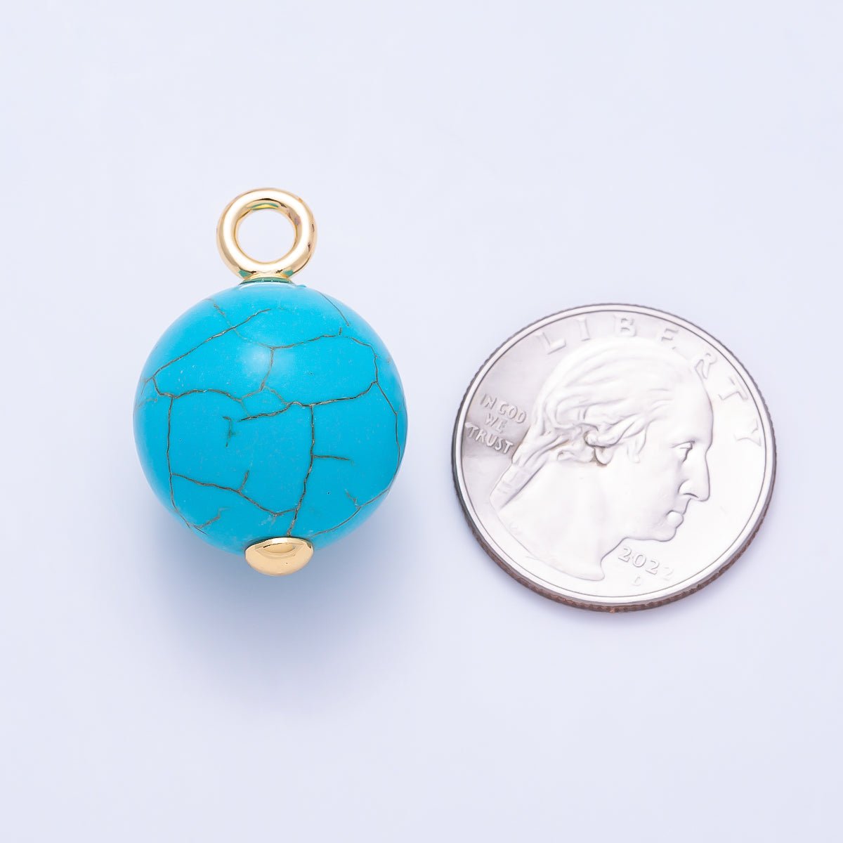 18K Gold Filled 20mm Round Blue Turquoise Gemstone Drop Charm | Charms-01412 - DLUXCA