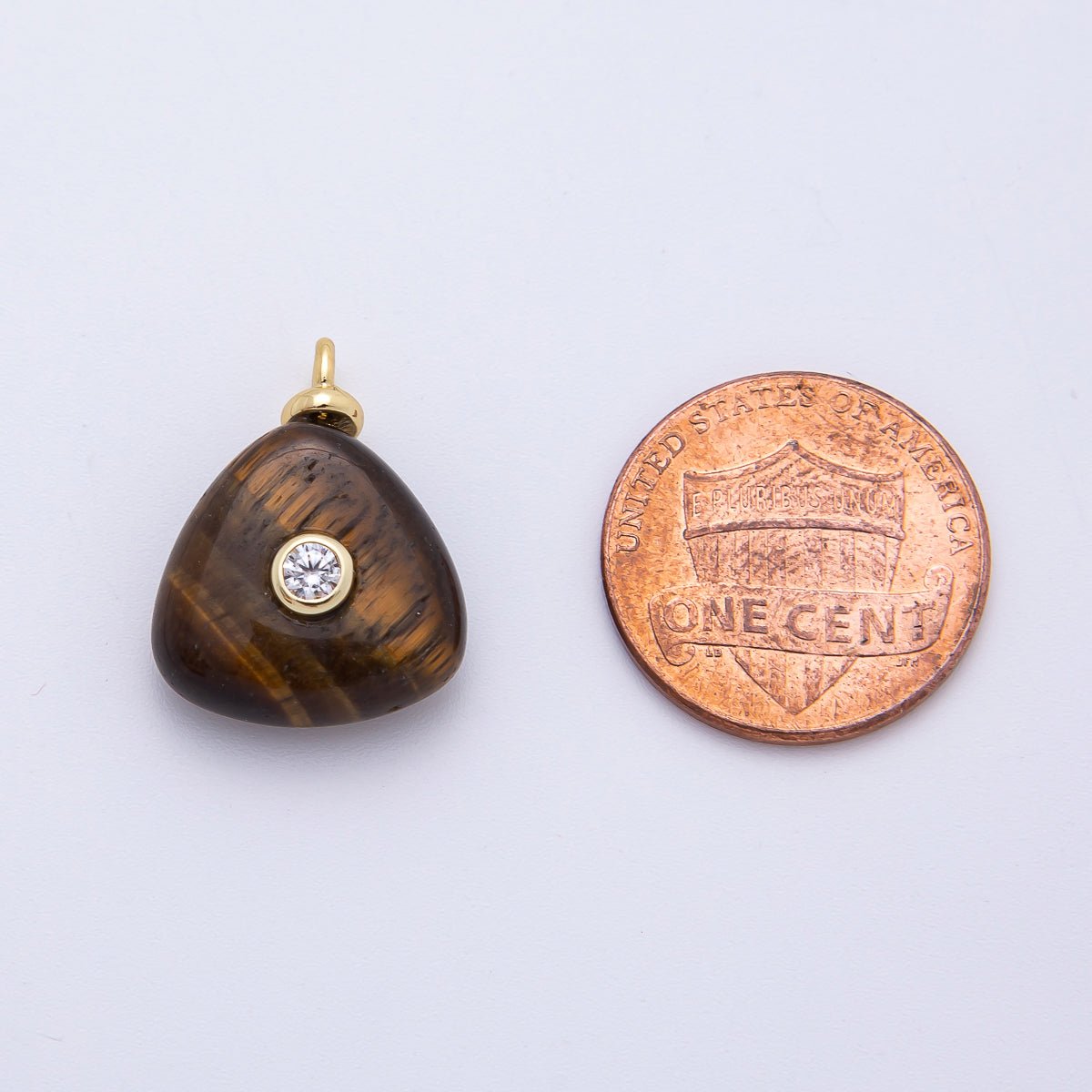 18K Gold Filled 20mm Round CZ Center Triangle Tiger Stone Gemstone Drop Charm | AF1317 - DLUXCA
