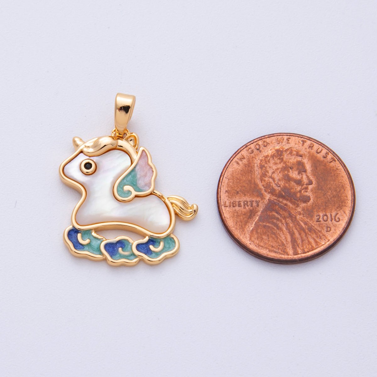 18K Gold Filled 20mm Shell Pearl Unicorn Pegasus Animal Pendant | Charms - 00095 - DLUXCA