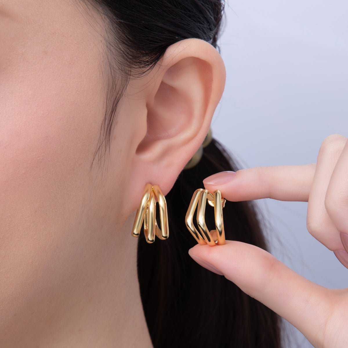 18K Gold Filled 20mm Triple Hexagon Geometric Claw C - Shaped Hoop Earrings | AD1648 - DLUXCA