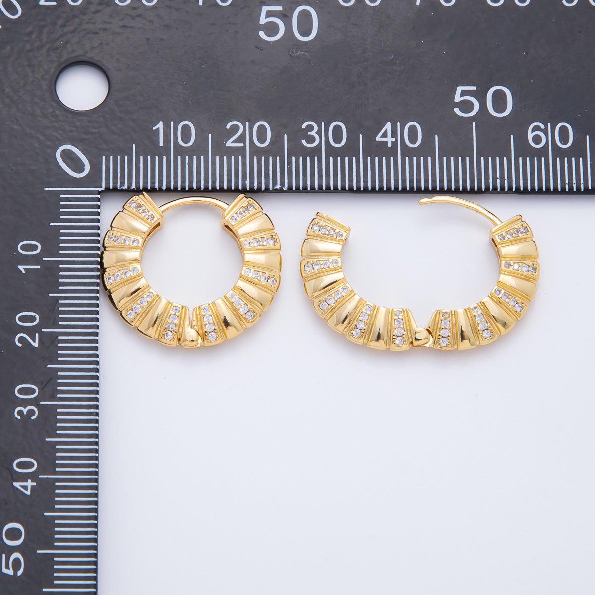 18K Gold Filled 21mm Clear Micro Paved CZ Lined Ribbed Hoops Earrings | AJ268 - DLUXCA