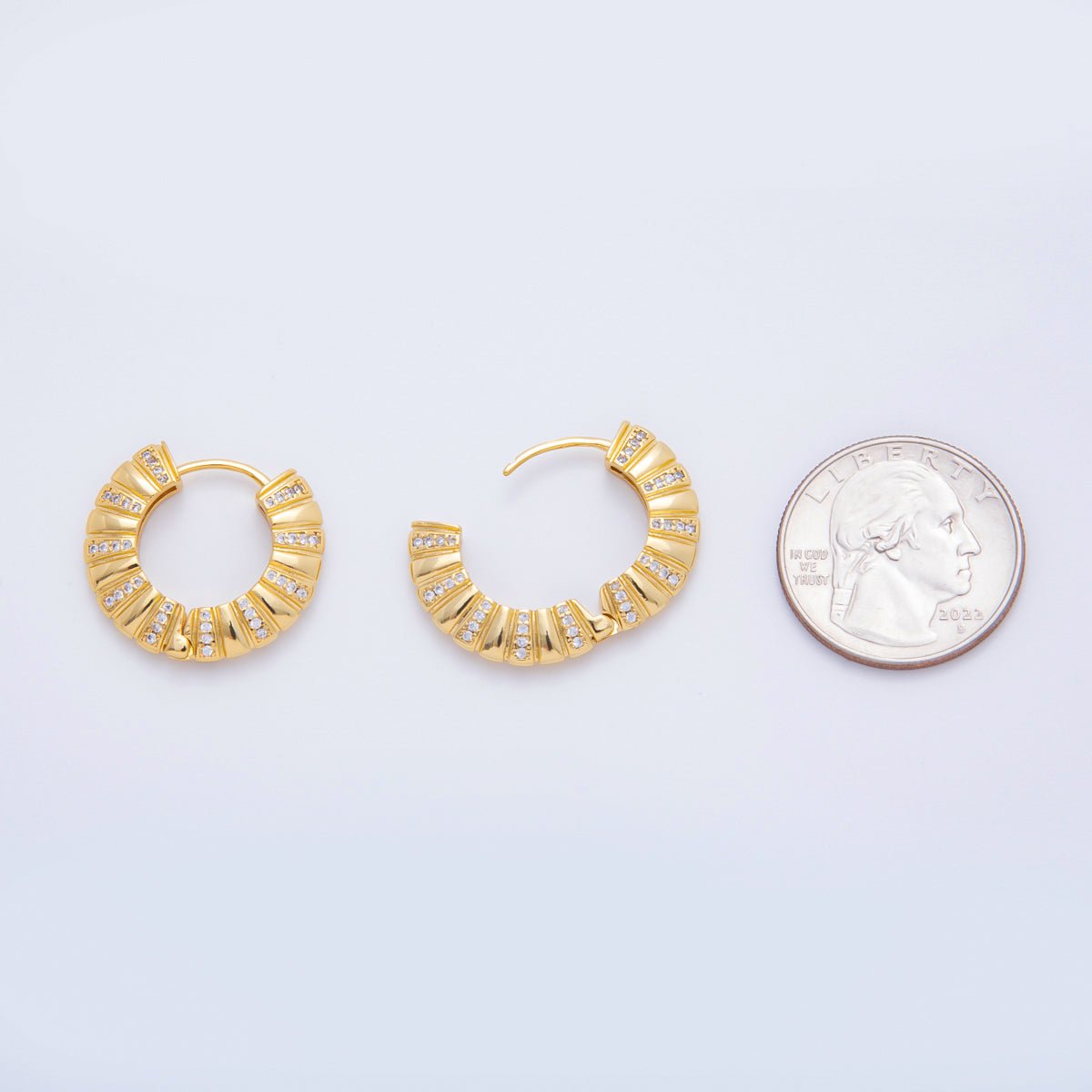 18K Gold Filled 21mm Clear Micro Paved CZ Lined Ribbed Hoops Earrings | AJ268 - DLUXCA
