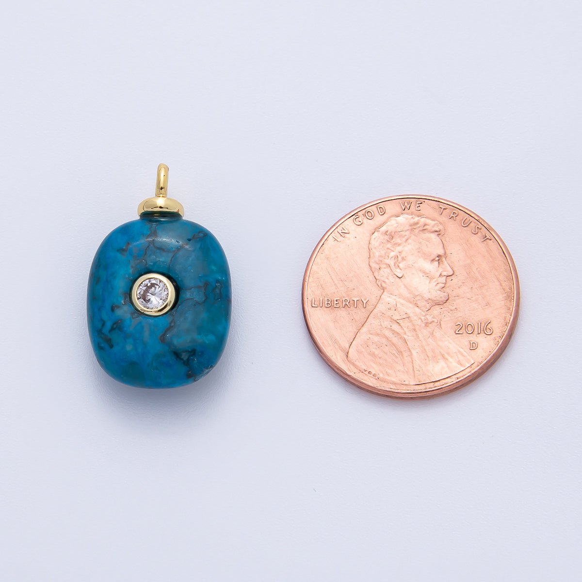 18K Gold Filled 21mm Clear Round CZ Flush Setting Round Blue Agate Gemstone Drop Charm | AF1388 - DLUXCA