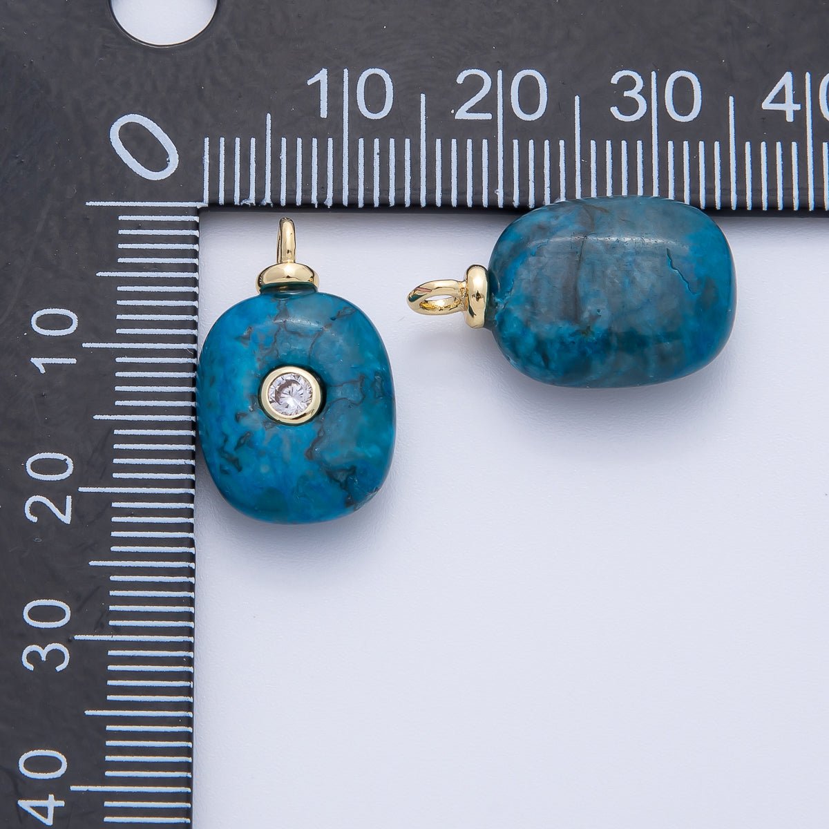 18K Gold Filled 21mm Clear Round CZ Flush Setting Round Blue Agate Gemstone Drop Charm | AF1388 - DLUXCA