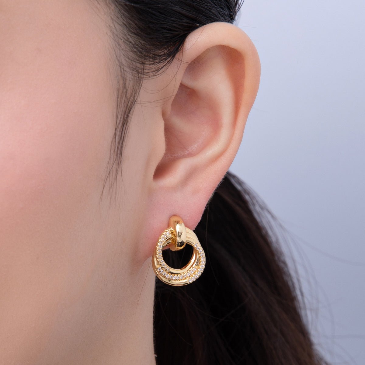 18K Gold Filled 21mm Micro Paved CZ Circular Doorknocker Drop Stud Earrings | AD1632 - DLUXCA