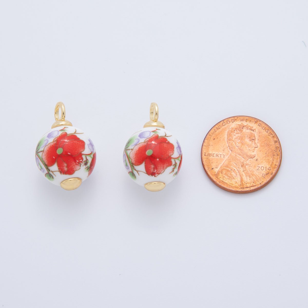 18K Gold Filled 21mm Pink, Purple, Red Violet Flower Round Ceramic Drop Pendant | AF700 AF701 - DLUXCA