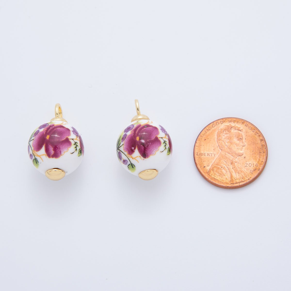 18K Gold Filled 21mm Pink, Purple, Red Violet Flower Round Ceramic Drop Pendant | AF700 AF701 - DLUXCA