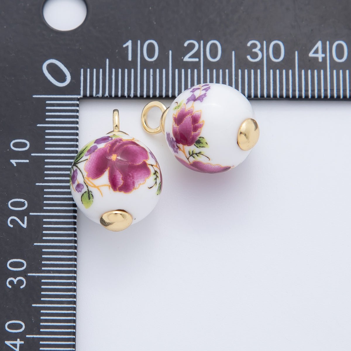 18K Gold Filled 21mm Pink, Purple, Red Violet Flower Round Ceramic Drop Pendant | AF700 AF701 - DLUXCA