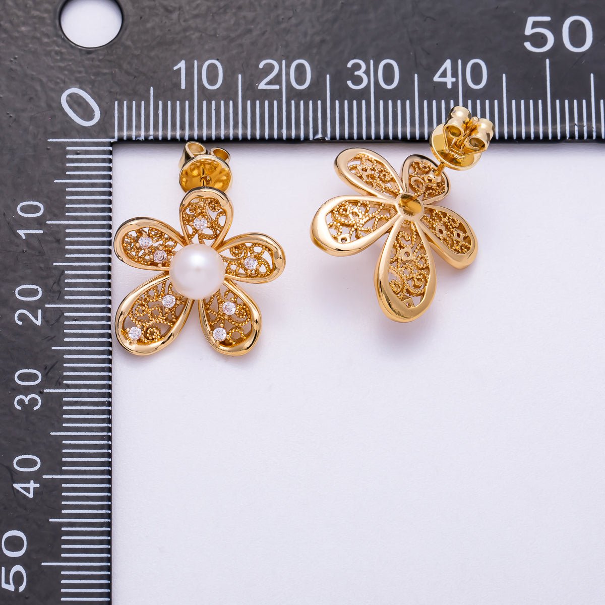 18K Gold Filled 21mm Shell Pearl CZ Filigree Flower Stud Earrings | Earrings - 00328 - DLUXCA