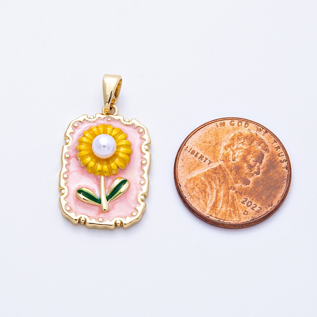 18K Gold Filled 21mm Sunflower Enamel Shell Pearl Rectangle Pendant | Charms - 00149 - DLUXCA