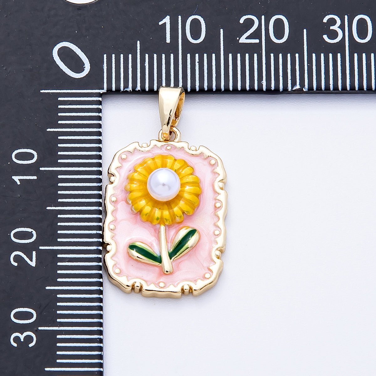 18K Gold Filled 21mm Sunflower Enamel Shell Pearl Rectangle Pendant | Charms - 00149 - DLUXCA