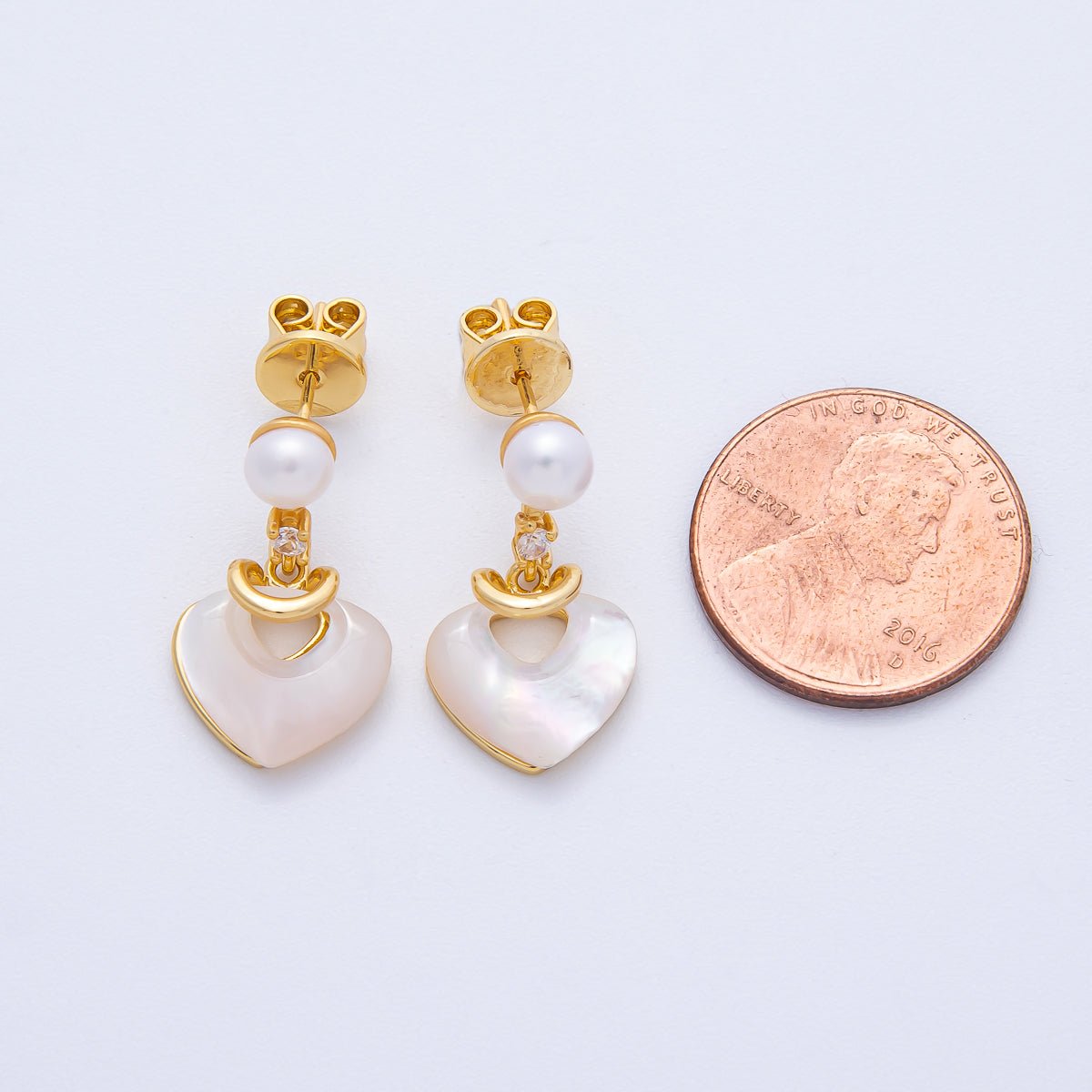 18K Gold Filled 22mm Clear CZ Heart Drop Shell Pearl Stud Earrings | AB1674 - DLUXCA