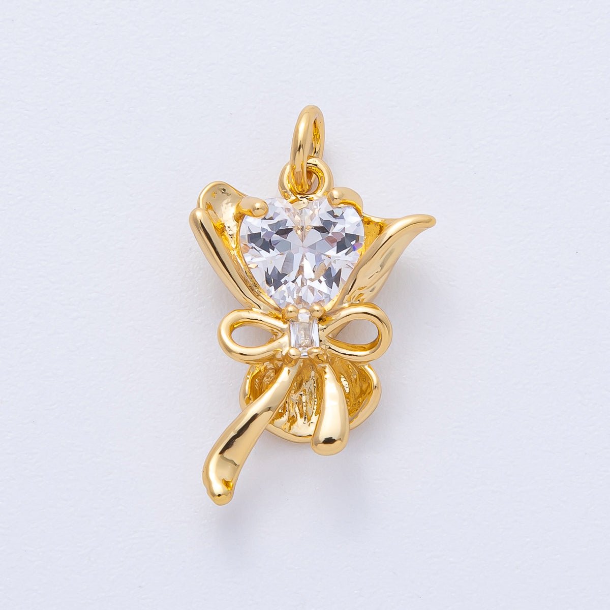 18K Gold Filled 22mm Clear Heart CZ Ribbon Flower Bouquet 3D Multidimensional Mini Charm | AK196 - DLUXCA