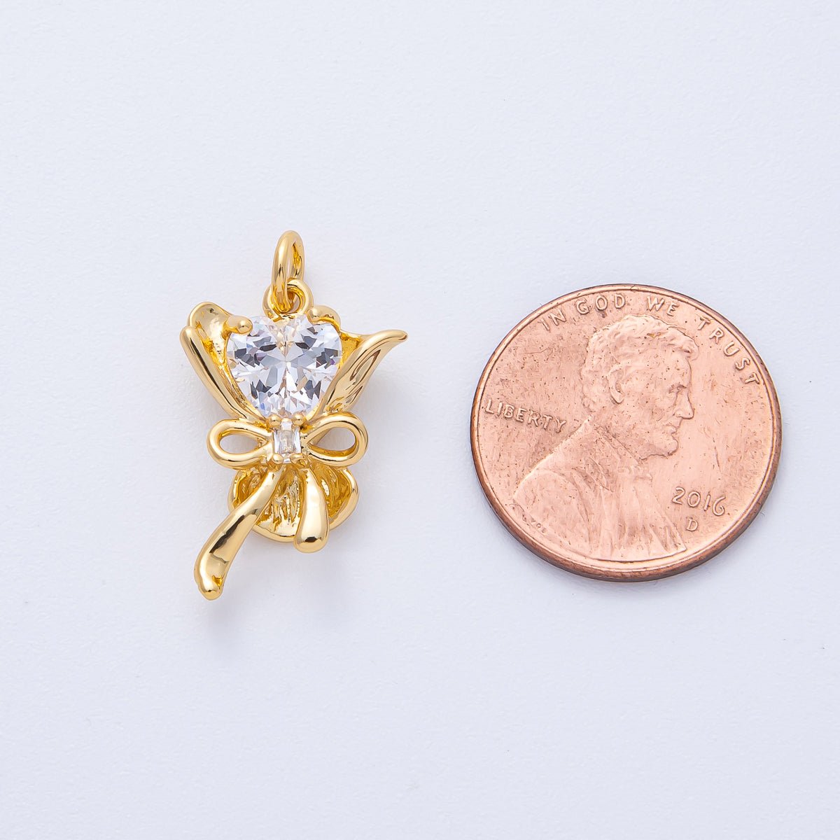 18K Gold Filled 22mm Clear Heart CZ Ribbon Flower Bouquet 3D Multidimensional Mini Charm | AK196 - DLUXCA