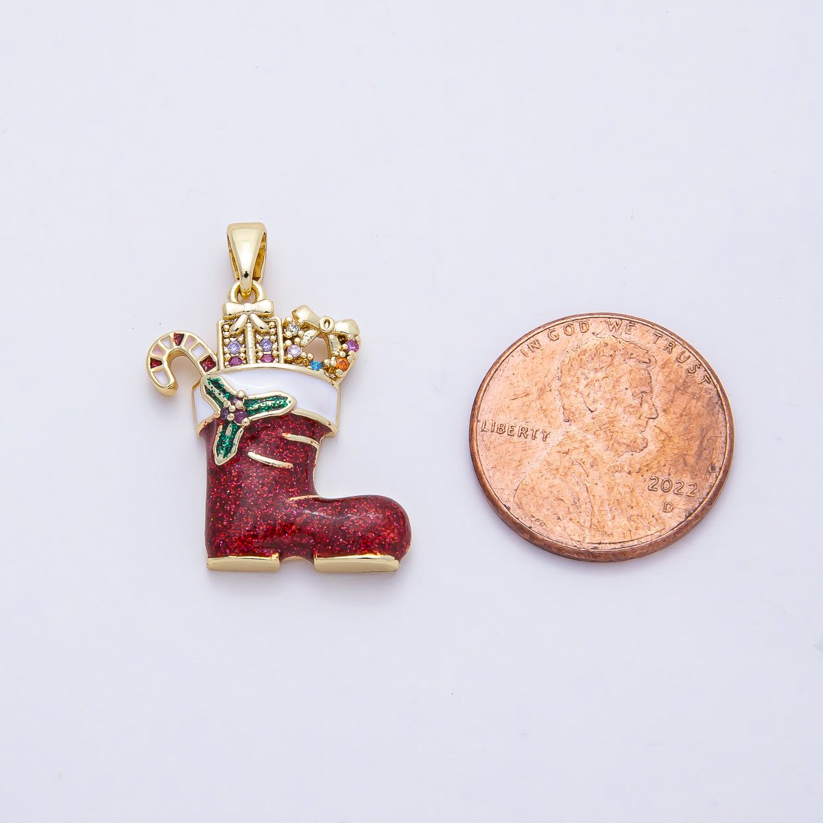 18K Gold Filled 22mm Micro Paved CZ Acrylic Red Santa's Shoe Christmas Holiday Pendant | AF1164 - DLUXCA