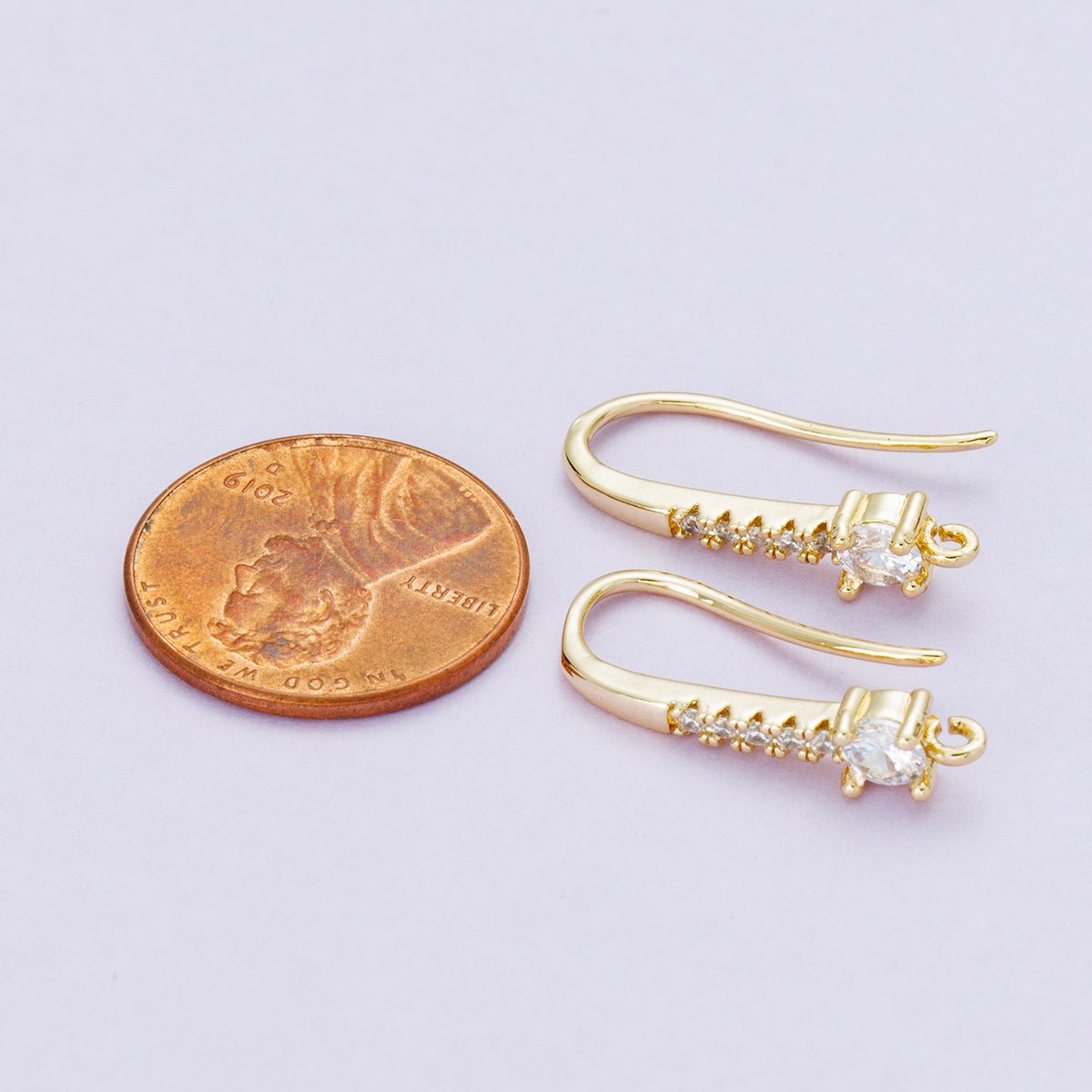 18K Gold Filled 22mm Micro Paved CZ Fish Hook Open Loop Drop Hoop Earrings | Findings - 00098 - DLUXCA