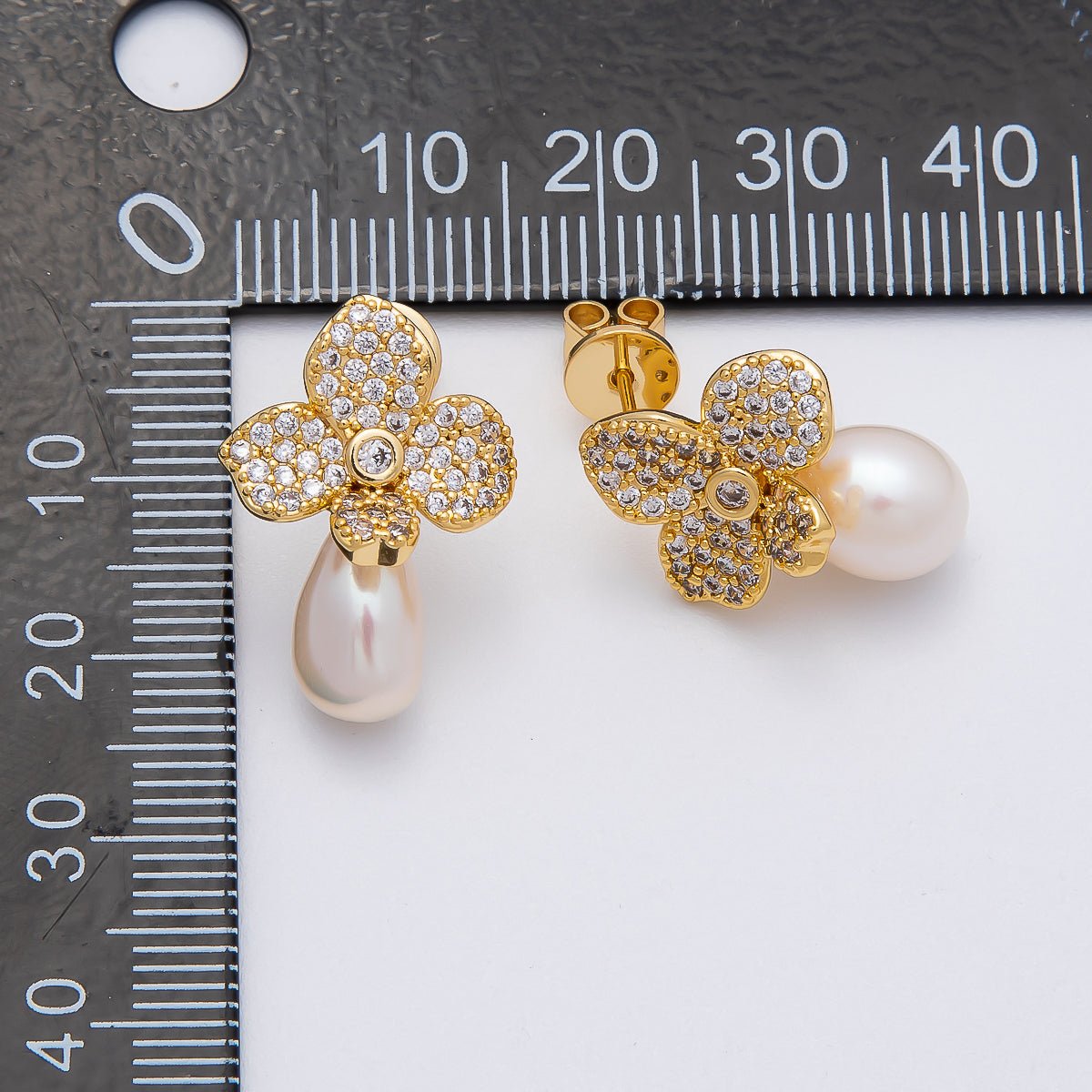 18K Gold Filled 22mm Micro Paved CZ Shell Pearl Flower Drop Stud Earring | EARRINGS - 00242 - DLUXCA