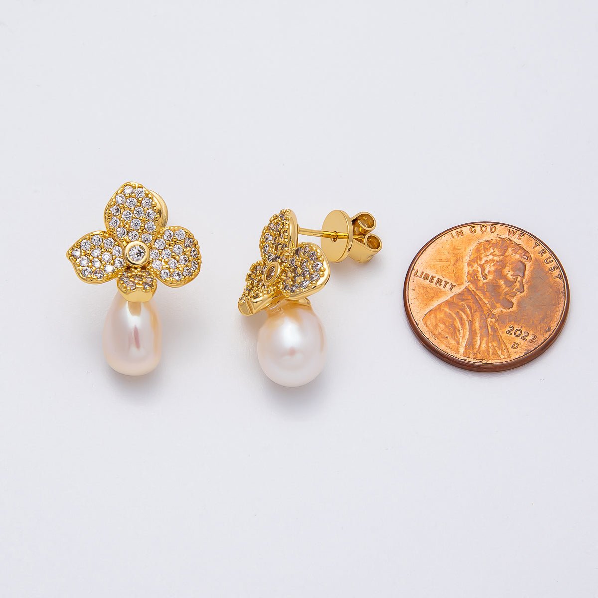 18K Gold Filled 22mm Micro Paved CZ Shell Pearl Flower Drop Stud Earring | EARRINGS - 00242 - DLUXCA