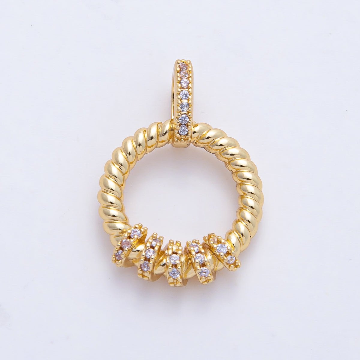18K Gold Filled 22mm Minimalist Clear CZ Spiral Round Circle Pendant Charm | AF1182 - DLUXCA