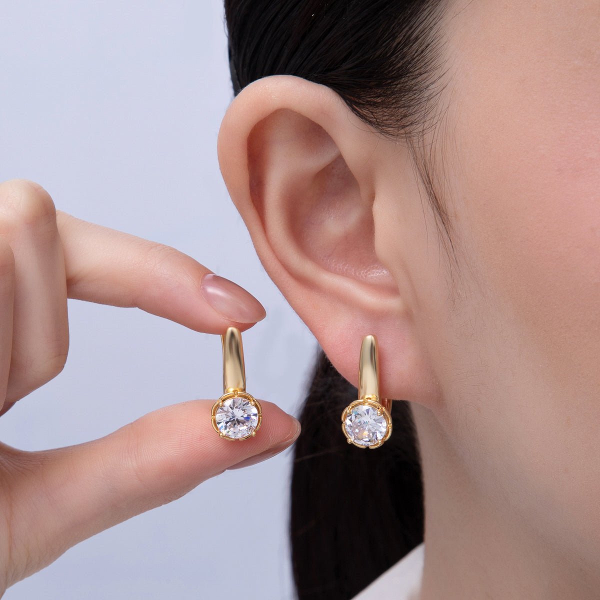 18K Gold Filled 22mm Round Clear CZ English Lock Hoop Earrings | AE621 - DLUXCA