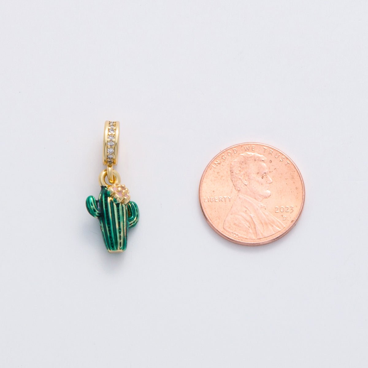 18K Gold Filled 23.5mm Cactus Flower Micro Paved CZ Enamel Drop Rondelle Pendant | C102 - DLUXCA