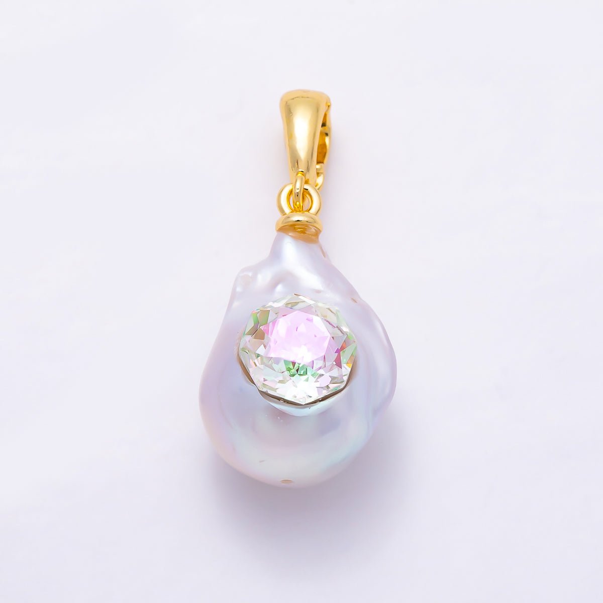 18K Gold Filled 23mm AB CZ Hexagon Baroque Freshwater Pearl Pendant | Charms-01588 - DLUXCA