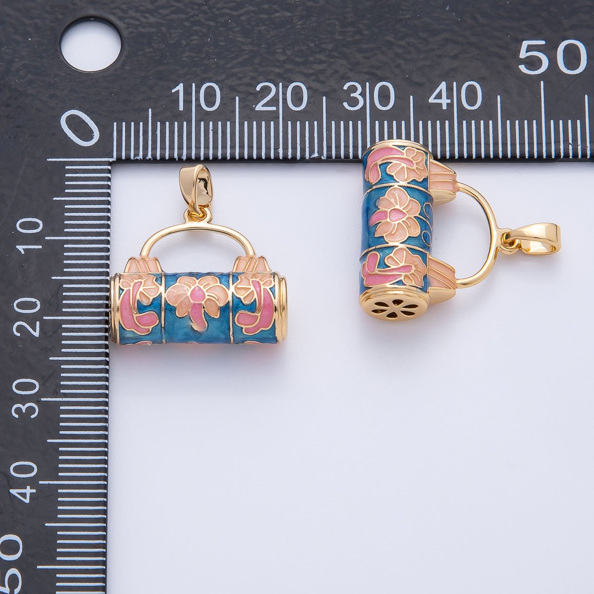 18K Gold Filled 23mm Blue, Pink, Orange Handpainted Enamel Picnic Bag Drop Pendant | AF1147 - DLUXCA