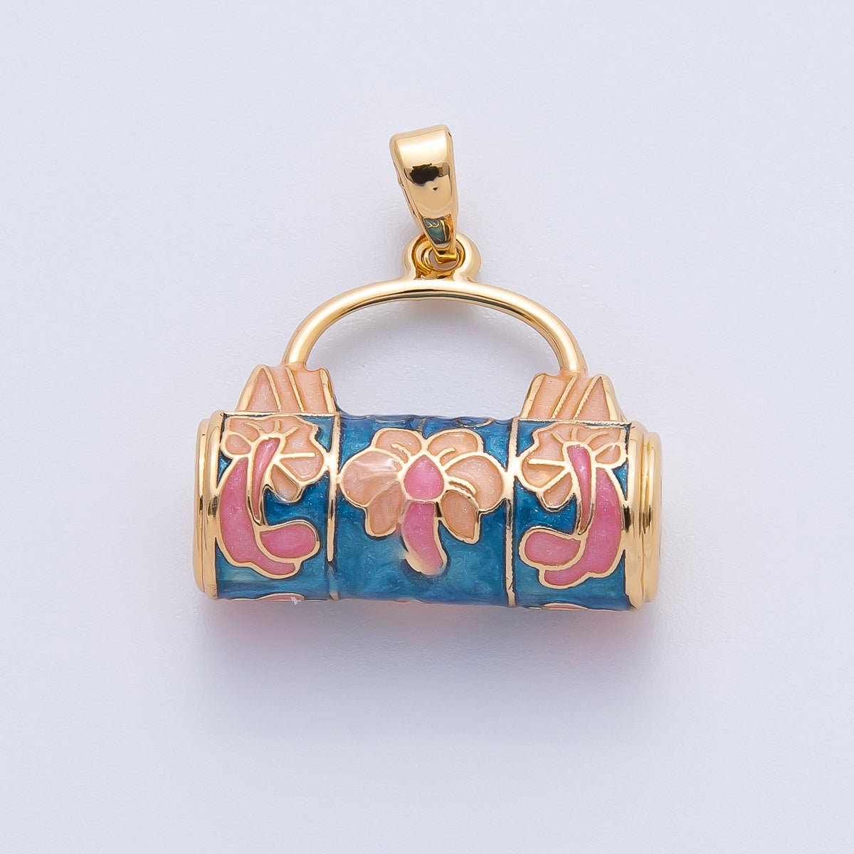 18K Gold Filled 23mm Blue, Pink, Orange Handpainted Enamel Picnic Bag Drop Pendant | AF1147 - DLUXCA