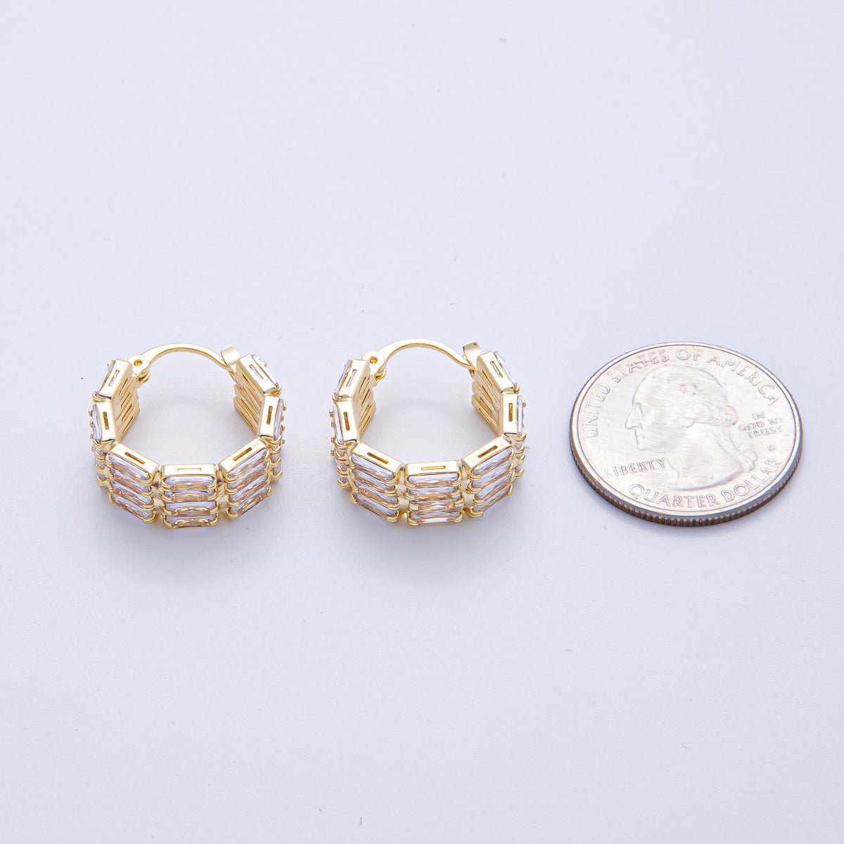 18K Gold Filled 23mm Clear Baguette CZ Edged Latch Hoop Earrings | AD1673 - DLUXCA
