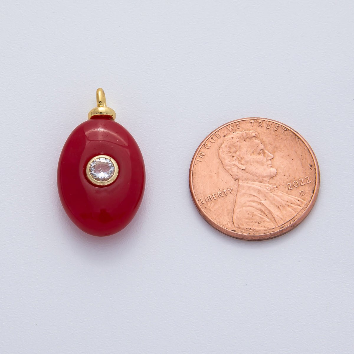18K Gold Filled 23mm Clear CZ Red Carnelian Oval Gemstone Charm | AF1456 - DLUXCA