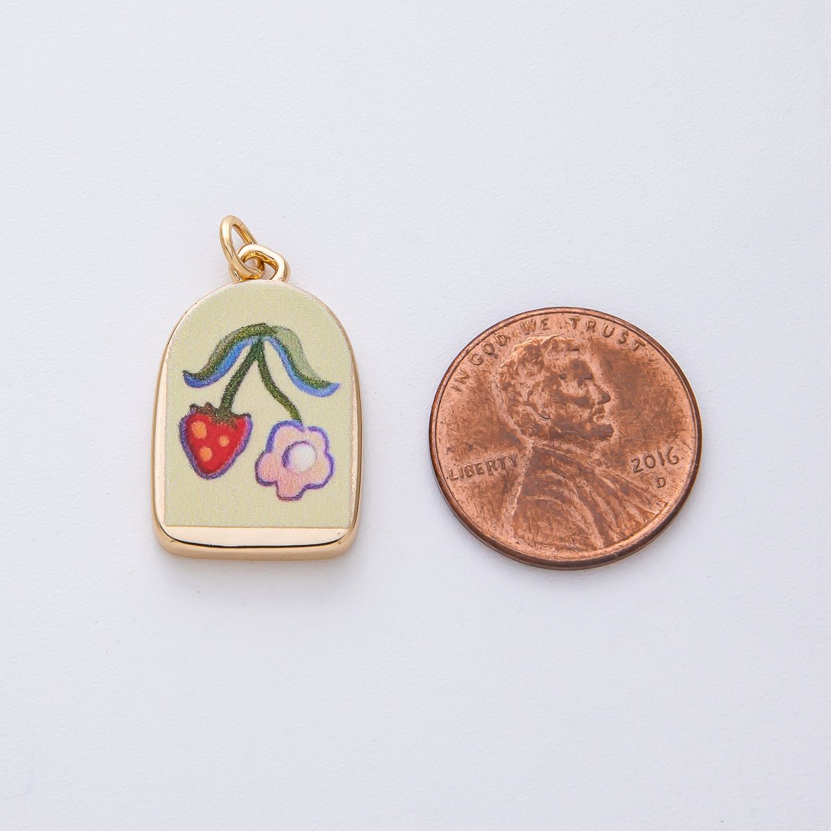 18K Gold Filled 23mm Flower Strawberry Green Enamel Charm | AF1597 - DLUXCA