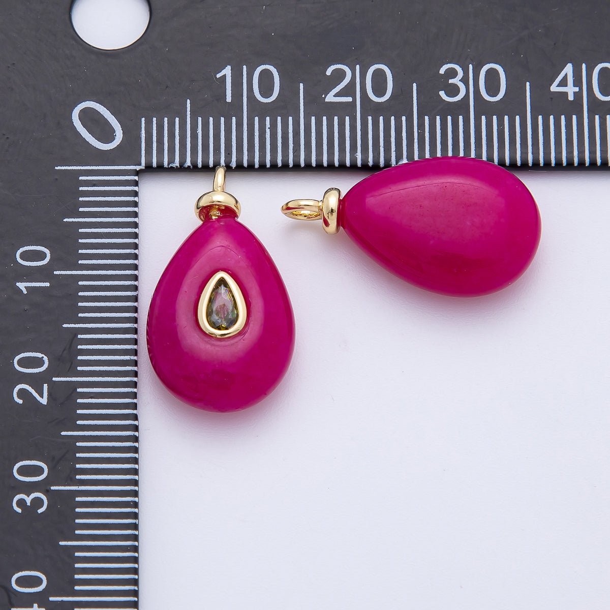 18K Gold Filled 23mm Fuchsia CZ Teardrop Accent Crimson Lake Jade Gemstone Drop Charm | AF1323 - DLUXCA