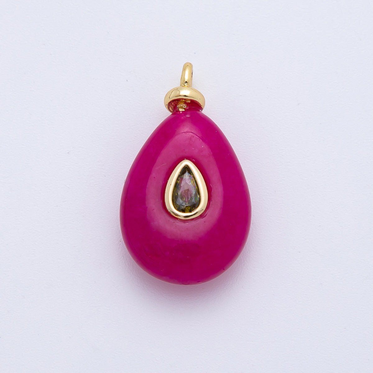 18K Gold Filled 23mm Fuchsia CZ Teardrop Accent Crimson Lake Jade Gemstone Drop Charm | AF1323 - DLUXCA