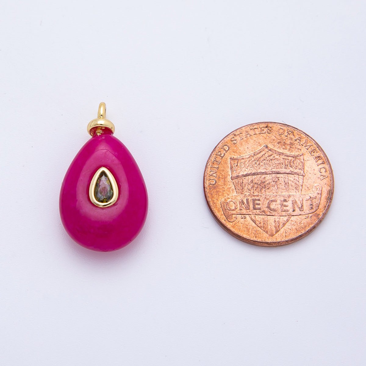 18K Gold Filled 23mm Fuchsia CZ Teardrop Accent Crimson Lake Jade Gemstone Drop Charm | AF1323 - DLUXCA