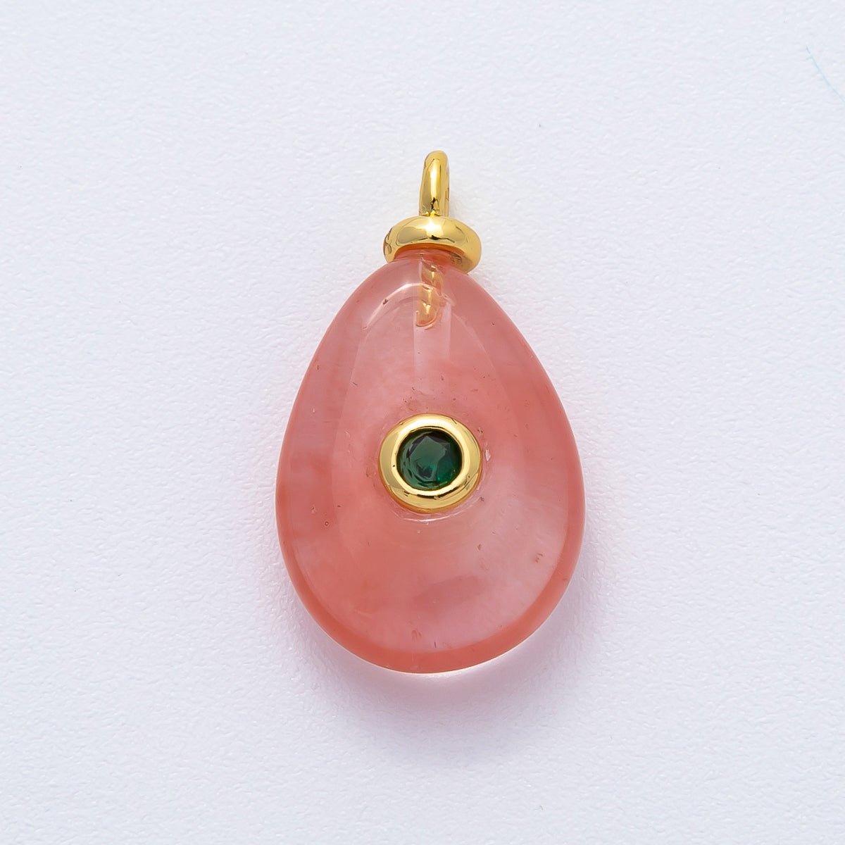 18K Gold Filled 23mm Green CZ Round Watermelon Quartz Teardrop Gemstone Charm | AF1370 - DLUXCA