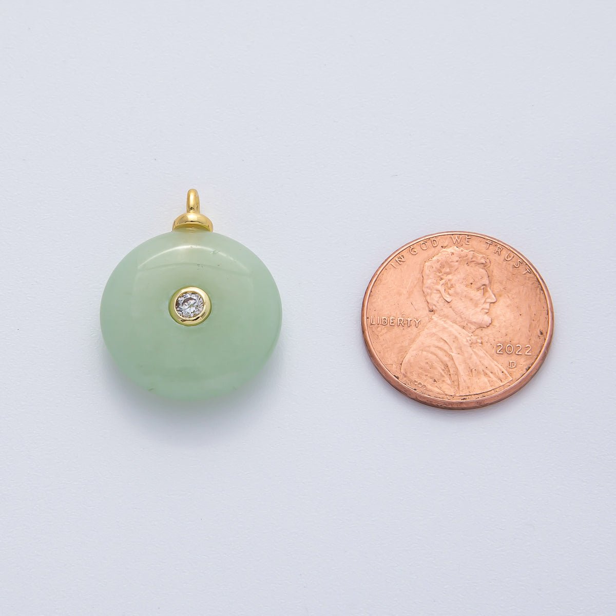 18K Gold Filled 23mm Green Jade with Clear CZ Round Natural Gemstone Pendant | AF1450 - DLUXCA