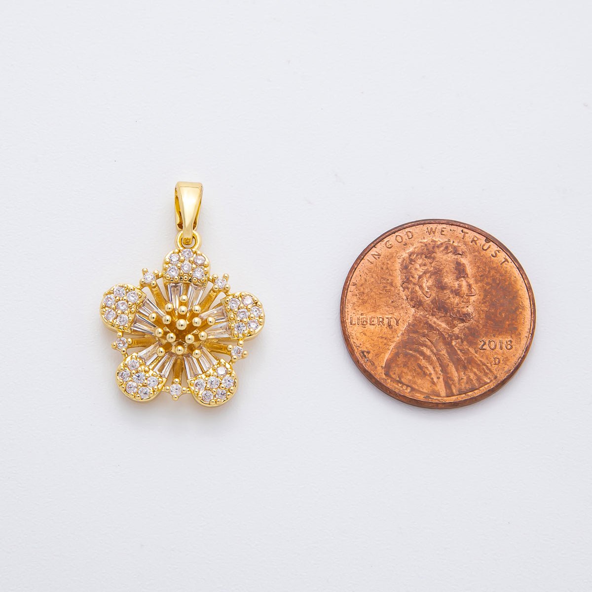 18K Gold Filled 23mm Micro Paved & Baguette CZ Flower Pendant | AF - 1131 - DLUXCA