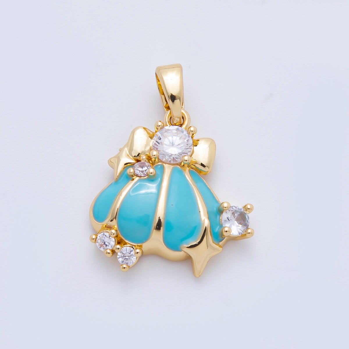 18K Gold Filled 23mm Micro Paved CZ Blue Enamel Art Nautical Clam Shell Pendant | AF - A1107 - DLUXCA
