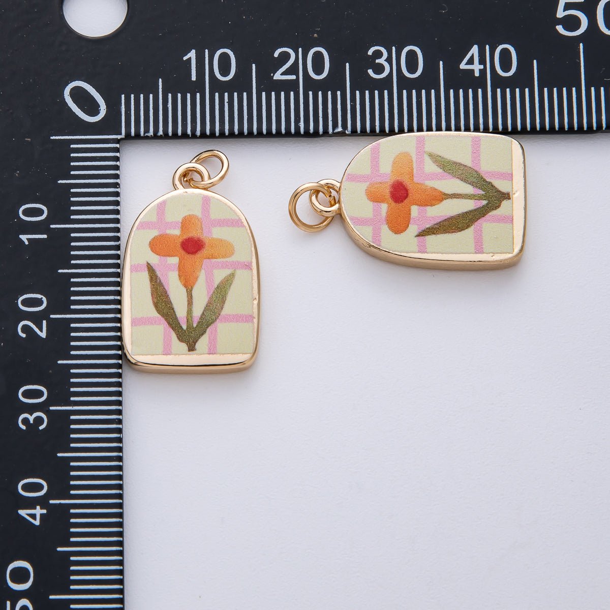 18K Gold Filled 23mm Orange Flower Green Pink Enamel Charm | AF1595 - DLUXCA
