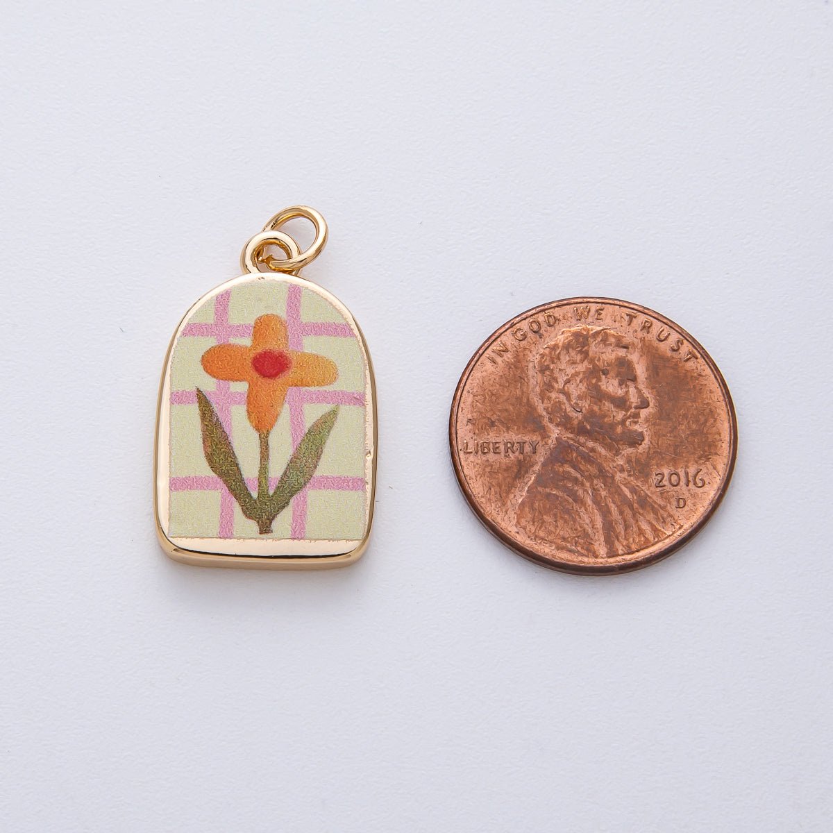 18K Gold Filled 23mm Orange Flower Green Pink Enamel Charm | AF1595 - DLUXCA