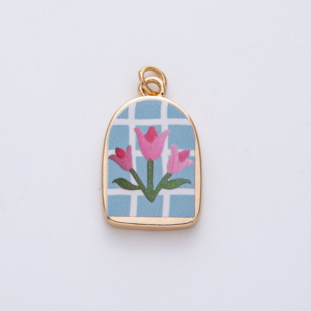 18K Gold Filled 23mm Pink - Blue Flower Enamel Charm | AF1596 - DLUXCA